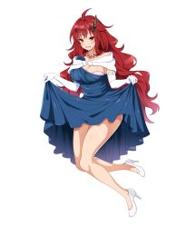 Rule 34 | 1girl, breasts, cle masahiro, cleavage, clothes lift, dress, elbow gloves, full body, gloves, hair ornament, high heels, highres, jewelry, kisaragi setsuna, large breasts, lifted by self, long hair, necklace, official art, open mouth, pumps, red eyes, red hair, shoes, simple background, skirt, skirt lift, solo, valkyrie drive, valkyrie drive -siren-, white footwear, white gloves