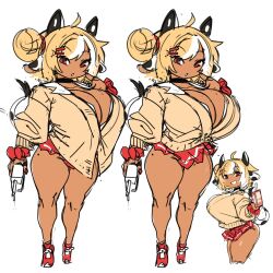 Rule 34 | 1girl, ahoge, animal ears, animal print, blonde hair, breasts, choker, cleavage, cow ears, cow girl, cow horns, cow print, cow tail, curvy, dark-skinned female, dark skin, female focus, gyaru, highres, horns, huge breasts, miniskirt, mole, mole on thigh, original, red eyes, red skirt, shortstack, sketch, skirt, smile, solo, standing, tail, thick thighs, thighs, unfinished, white background, white hair, wide hips, zanamaoria