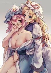 Rule 34 | 2girls, arm strap, artist name, backlighting, behind another, between legs, biting, blonde hair, blue headwear, blue kimono, blush, bow, breasts, cleavage, collarbone, covering own mouth, cowboy shot, dated, dress, ear biting, eye reflection, gradient background, grey background, hair between eyes, hair bow, hair intakes, half-closed eyes, hand between legs, hand over own mouth, hat, hat ribbon, highres, hu su, imminent fingering, japanese clothes, kimono, large breasts, long hair, long sleeves, looking at another, looking back, medium hair, mob cap, multiple girls, obi, one eye closed, open clothes, open kimono, parted bangs, pink eyes, pink hair, pointy ears, purple eyes, red ribbon, reflection, ribbon, saigyouji yuyuko, saliva, sash, sweat, tabard, thighs, touhou, triangular headpiece, very long hair, white dress, white headwear, white trim, wide sleeves, yakumo yukari, yuri