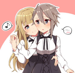 Rule 34 | ..., 2girls, ange (princess principal), bad id, bad pixiv id, black dress, blonde hair, blue eyes, blush, closed mouth, dress, grey hair, hair between eyes, hair flaps, hand on another&#039;s hip, holding hands, long sleeves, multiple girls, musical note, parted lips, pink background, princess (princess principal), princess principal, quaver, school uniform, shirt, smile, sorimachi-doufu, spoken ellipsis, spoken musical note, striped, sweat, two-tone background, vertical stripes, white background, white shirt
