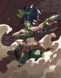 Rule 34 | 1girl, absurdres, akali, arm tattoo, bare shoulders, belt, black hair, brown eyes, brush l, dated, dragon, dual wielding, hair between eyes, highres, holding, holding weapon, kunai, league of legends, long hair, mask, mouth mask, navel, ninja, ponytail, rope, rope belt, sickle, signature, smoke, solo, tattoo, weapon