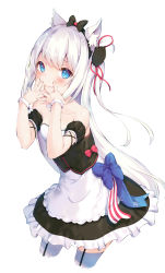 Rule 34 | 1girl, absurdres, animal ear fluff, animal ears, azur lane, bare shoulders, black dress, black sleeves, blue eyes, blush, cat ears, cat hair ornament, closed mouth, collarbone, commentary request, cropped legs, detached sleeves, dress, fang, fang out, frilled dress, frills, hair ornament, hair ribbon, hammann (azur lane), hands up, highres, long hair, looking at viewer, nakazawa aki, one side up, puffy short sleeves, puffy sleeves, red ribbon, ribbon, short sleeves, smile, solo, strapless, strapless dress, thighhighs, very long hair, white hair, white thighhighs, wrist cuffs