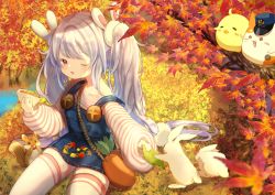 Rule 34 | 1girl, :o, alternate costume, autumn leaves, azur lane, bag, collarbone, commentary request, eating, food, grass, handbag, laffey (azur lane), leaf, lettuce, light purple hair, long hair, long sleeves, manjuu (azur lane), meowfficer (azur lane), nature, off shoulder, one eye closed, open mouth, outdoors, overall skirt, puffy sleeves, rabbit, red eyes, sandwich, sidelocks, sitting, squirrel, thighhighs, umika35, very long hair, white thighhighs