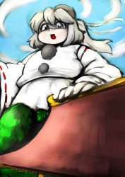 Rule 34 | 1girl, absurdres, cloud, cloudy sky, day, fat, giant, giantess, hat, highres, long hair, mononobe no futo, nazotyu, open mouth, ponytail, silver hair, skirt, sky, smile, solo, stay puft, tate eboshi, touhou