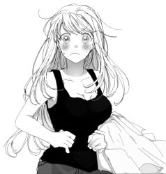 Rule 34 | &gt;:(, 1girl, armpit peek, black shirt, blush, breasts, cleavage, collarbone, commentary request, embarrassed, floating hair, fullmetal alchemist, greyscale, long hair, medium breasts, messy hair, monochrome, nervous, shirt, simple background, sleeveless, sleeveless shirt, solo, sweatdrop, tsukuda0310, v-shaped eyebrows, very long hair, white background, winry rockbell