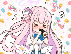 Rule 34 | &gt; &lt;, 1girl, blue archive, blue bow, blush, bow, breasts, cake, capelet, chibi, closed eyes, closed mouth, dress, eating, facing viewer, feathered wings, flower, flying sweatdrops, food, food-themed background, hair bun, hair flower, hair ornament, halo, holding, holding food, long hair, low wings, medium breasts, mika (blue archive), mitya, nose blush, outline, pink hair, polka dot, polka dot background, purple flower, single side bun, solo, swiss roll, twitter username, upper body, v-shaped eyebrows, very long hair, white background, white capelet, white dress, white outline, white wings, wings