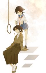 Rule 34 | 1boy, 1girl, :&gt;, blue skirt, brown footwear, closed mouth, expressionless, falling, full body, fuura kafuka, geta, glasses, gradient background, hair ornament, hair over one eye, hairclip, hakama, hakama skirt, half-closed eyes, hands up, happy, high collar, highres, itoshiki nozomu, japanese clothes, kimono, leaning, leaning forward, loafers, looking at another, looking down, looking up, neckerchief, no nose, noose, petals, pink background, pleated skirt, red neckerchief, sayonara zetsubou sensei, school uniform, shoes, short hair, simple background, sitting, skirt, sleeves past fingers, sleeves past wrists, smile, socks, sora mame (7799374), spiked hair, standing, sweatdrop, tabi, uniform, very short hair, white background, white legwear, x hair ornament