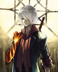 Rule 34 | 00s, 1boy, blue eyes, capcom, devil bringer, devil may cry (series), devil may cry 4, elbow gloves, fire, gloves, hair over one eye, male focus, meme50, nero (devil may cry), red queen (sword), solo, sword, weapon, white hair