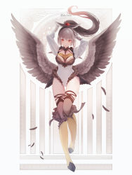 Rule 34 | 1girl, absurdres, arms up, black hair, boots, breasts, byuura (sonofelice), cleavage, creatures (company), feathered wings, feathers, female focus, full body, game freak, gen 4 pokemon, gloves, grey gloves, grey hair, highres, knee boots, leotard, medium breasts, multicolored hair, nintendo, personification, pokemon, ponytail, red eyes, simple background, solo, staraptor, thigh strap, thighhighs, two-tone hair, wings, yellow thighhighs