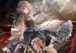Rule 34 | 1girl, apron, blue eyes, clock, corset, cup, drinking glass, highres, izayoi sakuya, kita (kitairoha), knife, looking at viewer, maid, maid headdress, puffy short sleeves, puffy sleeves, shards, shirt, short sleeves, silver hair, skirt, solo, thighhighs, thighs, throwing knife, touhou, tray, underbust, waist apron, weapon, white thighhighs, wine glass
