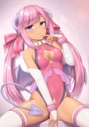 Rule 34 | 1girl, blush, bow, bracelet, breasts, bridal gauntlets, center opening, collar, covering privates, covering crotch, dark-skinned female, dark skin, demon horns, demon tail, elbow gloves, gloves, hair bow, hair ornament, highres, horns, jewelry, leotard, long hair, looking at viewer, low wings, medium breasts, original, pink hair, purple eyes, sasaame, sitting, smile, solo, spread legs, swept bangs, tail, thighhighs, twintails, white thighhighs, wings
