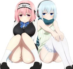 Rule 34 | 2girls, ass, black footwear, blue eyes, blue hair, breasts, closed mouth, expressionless, garter straps, hairband, headphones, komatsu (sakanae), large breasts, multiple girls, pink eyes, pink hair, saotome mutsumi, saotome yakumo, short hair, simple background, sitting, small breasts, thighhighs, val x love, white background