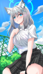 Rule 34 | 1girl, absurdres, animal ear fluff, animal ears, black skirt, blue archive, blue eyes, blue sky, blurry, bush, chain-link fence, collared shirt, commentary request, cross hair ornament, depth of field, fence, grey hair, hair between eyes, hair ornament, halo, highres, hot, long sleeves, looking at viewer, medium hair, mismatched pupils, nigurasute, outdoors, parted lips, plaid, plaid skirt, pleated skirt, school uniform, shiroko (blue archive), shirt, sidelocks, sitting, skirt, sky, solo, summer uniform, sunlight, sweat, wariza, white shirt, wolf ears, wolf girl
