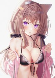 Rule 34 | 1girl, animal ear fluff, animal ears, arms up, bikini, black bikini, black bow, blush, bow, breasts, brown hair, cat ears, cleavage, commentary, front-tie bikini top, front-tie top, hair bow, highres, jacket, long hair, looking at viewer, medium breasts, nibosi, off shoulder, open mouth, original, parted lips, pink jacket, purple eyes, sidelocks, simple background, swimsuit, upper body, white background