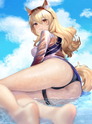 Rule 34 | 1girl, animal ear fluff, animal ears, arknights, ass, barefoot, blonde hair, blurry, breasts, day, depth of field, eyewear on head, fh moya, foreshortening, from behind, hair between eyes, highres, horse girl, long hair, looking at viewer, looking back, medium breasts, nearl (arknights), nearl (shimmering dew) (arknights), official alternate costume, orange eyes, outdoors, parted lips, sidelocks, solo, sunglasses, swimsuit, swimsuit cover-up, tail, thigh strap, thighs, tinted eyewear, wavy hair, wet