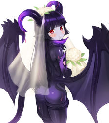 Rule 34 | 1girl, absurdres, ass, black hair, blunt bangs, blush, bouquet, bridal veil, commission, demon girl, flower, from behind, highres, horns, long hair, looking at viewer, looking back, monster girl, monster girl encyclopedia, night gaunt (monster girl encyclopedia), pointy ears, red eyes, simple background, smile, solo, sookmo, tail, veil, white background, wings