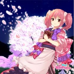 Rule 34 | 1girl, cherry blossoms, commentary, copyright name, english commentary, japanese clothes, logo, medium hair, moe! ninja girls, momochi myu, night, night sky, ntt solmare, official art, pink eyes, pink hair, sky, solo, star (sky), tagme