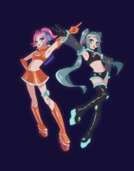 Rule 34 | 2girls, 39, aqua eyes, aqua hair, aqua trim, arm up, armpits, black background, black footwear, black gloves, black shirt, black shorts, blue eyes, boots, commentary, crop top, detached sleeves, elbow gloves, energy gun, eyeshadow, full body, gloves, hand on own hip, hatsune miku, headset, highres, index finger raised, jetpack, knee boots, long hair, makeup, midriff, miniskirt, multiple girls, navel, open mouth, orange footwear, orange gloves, orange shirt, orange skirt, pink eyeshadow, pink hair, platform boots, platform footwear, pointing, ray gun, red lips, see-through, see-through sleeves, shirt, short hair, short shorts, shorts, single blush sticker, skirt, sleeveless, sleeveless shirt, smile, space channel 39 (module), space channel 5, strapless, sumi (sumi3mimi), teeth, thigh boots, tube top, twintails, ulala, upper teeth only, v, very long hair, vocaloid, weapon, white trim