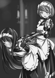 Rule 34 | 2girls, apron, armbinder, arms behind back, bdsm, bent over, blush, bondage, bound, bound arms, breasts, female focus, femdom, fumi11gou, greyscale, leash, long hair, maid, maid apron, maid headdress, monochrome, multiple girls, open mouth, restrained, short hair, smile, strappado, yuri