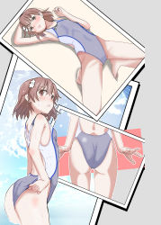 Rule 34 | 1girl, absurdres, adjusting clothes, adjusting swimsuit, ass, barefoot, blush, breasts, brown eyes, brown hair, competition swimsuit, cowboy shot, flower, grey one-piece swimsuit, hair between eyes, hair flower, hair ornament, highres, lying, misaka mikoto, niea, on back, one-piece swimsuit, open mouth, short hair, sketch, small breasts, solo, swimsuit, toaru kagaku no railgun, toaru majutsu no index, wading, wet, wet hair, white flower