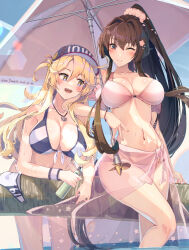 Rule 34 | 2girls, beach umbrella, blonde hair, blue eyes, blush, breasts, brown eyes, brown hair, cherry blossoms, cleavage, flower, hair between eyes, hair ornament, highres, himeyamato, holding, implied yuri, iowa (kancolle), kantai collection, large breasts, long hair, multiple girls, navel, one eye closed, open mouth, pink sarong, ponytail, sarong, star-shaped pupils, star (symbol), swimsuit, symbol-shaped pupils, umbrella, very long hair, wading, wet, yamato (kancolle), yamato kai ni (kancolle)