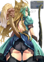 Rule 34 | 1girl, ahoge, animal ears, ass, atalanta (fate), back, black panties, blonde hair, bow (weapon), breasts, cat ears, cat tail, closed mouth, dress, expressionless, fate/apocrypha, fate/grand order, fate (series), gameplay mechanics, green dress, green eyes, green hair, highres, long hair, looking at viewer, looking back, molestation, multicolored hair, panties, pantyshot, sekai saisoku no panda, simple background, tail, tail grab, thighs, two-tone hair, underwear, weapon, white background