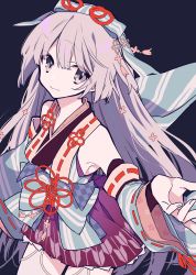 Rule 34 | 1girl, bare shoulders, black background, blue ribbon, closed mouth, copyright request, detached sleeves, grey eyes, grey hair, hair ribbon, highres, long sleeves, looking at viewer, mochizuki kei, red skirt, ribbon, simple background, skirt, smile, solo, standing, wide sleeves