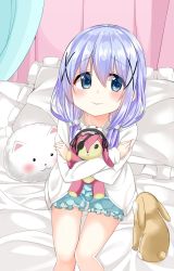 Rule 34 | 1girl, angora rabbit, animal, bed, blue eyes, blue hair, blue shirt, blue shorts, blush, cacao (chocolat), closed mouth, commentary request, eyepatch, frilled pillow, frilled shirt, frilled skirt, frills, gochuumon wa usagi desu ka?, hair between eyes, hairband, highres, hood, hoodie, kafuu chino, lolita hairband, long sleeves, looking at viewer, hugging object, open clothes, open hoodie, pajamas, pillow, rabbit, shirt, shorts, sitting, skirt, stuffed animal, stuffed rabbit, stuffed toy, tippy (gochiusa), white hoodie