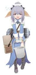 Rule 34 | 1girl, absurdres, aged down, bag, black footwear, blue dress, boots, bow, brown bag, bucket, child, collared dress, commentary, dress, fangs, flat chest, full body, gloves, green bow, greentree, grey gloves, grey hair, hair between eyes, hair ribbon, highres, holding, holding bucket, last origin, long sleeves, looking at viewer, maria of penance, medium hair, open mouth, ponytail, ribbon, shoulder bag, side slit, sidelocks, simple background, skin fangs, solo, tachi-e, white background, yellow ribbon