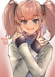 Rule 34 | 1girl, artist logo, atlanta (kancolle), black sweater, brown hair, coat, commentary request, crossed arms, dated, earrings, gradient background, grey eyes, highres, index finger raised, jewelry, kantai collection, ld (luna dial398), long hair, looking at viewer, official alternate costume, one-hour drawing challenge, red background, solo, star (symbol), star earrings, sweater, two side up, upper body