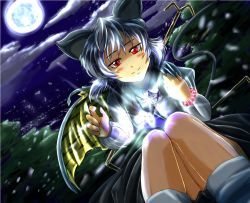 Rule 34 | 1girl, animal ears, bead bracelet, beads, black dress, blush, bracelet, cape, closed mouth, dowsing rod, dress, full moon, futagojima, glowing, jewelry, knees together feet apart, long sleeves, looking at viewer, moon, moonlight, mouse ears, mouse tail, nazrin, night, pendant, puffy long sleeves, puffy sleeves, red eyes, short hair, silver hair, smile, solo, tail, touhou