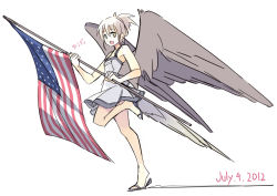 Rule 34 | 10s, 1girl, 2012, american flag, bird tail, bird wings, blonde hair, brown eyes, cindy o&#039;brien, dated, flag, full body, holding, leg up, open mouth, original, sandals, seo tatsuya, short hair, simple background, skirt, smile, solo, standing, standing on one leg, tail, white background, white skirt, wings