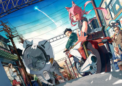 Rule 34 | 2girls, 3boys, animal ears, basket, black hair, brown hair, cat, cat ears, clothes around waist, contrail, day, glasses, helmet, highres, hitogome, hitomai, jacket, jacket around waist, motor vehicle, motorcycle, multiple boys, multiple girls, newspaper, open clothes, open jacket, orange eyes, original, pink hair, ponytail, power lines, reaching, reaching towards viewer, sarashi, skirt, smoking, space helmet, track suit, twintails, utility pole, vehicle, wristband