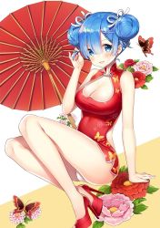 Rule 34 | 10s, 1girl, alternate costume, alternate hairstyle, animal print, ayami, backless dress, backless outfit, blue eyes, blue hair, breasts, bug, butterfly, butterfly print, camellia, china dress, chinese clothes, cleavage, cleavage cutout, clothing cutout, dress, flower, full body, hair between eyes, hand in own hair, high heels, insect, invisible chair, looking at viewer, medium breasts, oil-paper umbrella, panties, pantyshot, re:zero kara hajimeru isekai seikatsu, red dress, red flower, red footwear, rem (re:zero), short hair, sitting, solo, stiletto heels, thighs, umbrella, underwear, v-shaped eyebrows