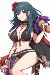 Rule 34 | 1girl, absurdres, bikini, black bikini, blue eyes, blue hair, breasts, byleth (female) (fire emblem), byleth (female) (summer) (fire emblem), byleth (fire emblem), cleavage, closed mouth, commentary request, dagger, fire emblem, fire emblem: three houses, fire emblem heroes, flower, gonzarez, hair flower, hair ornament, highres, holding, knife, large breasts, nintendo, official alternate costume, sheath, sheathed, simple background, solo, swimsuit, tassel, weapon, white background