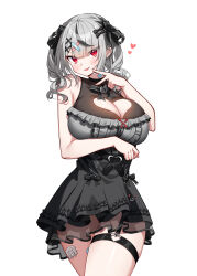 1girl 85neko absurdres arm_under_breasts bandaid bandaid_hair_ornament bandaid_on_leg bandaid_on_neck black_hair black_skirt breasts cleavage cleavage_cutout clothing_cutout dress ear_piercing frilled_dress frills grey_dress grey_hair hair_ornament heart heart_cutout heart_o-ring highres hololive huge_breasts looking_at_viewer medium_hair multicolored_hair o-ring o-ring_thigh_strap official_alternate_costume piercing red_eyes sakamata_chloe sakamata_chloe_(jirai_kei) skirt smile solo streaked_hair thigh_strap tongue tongue_out virtual_youtuber white_background x_hair_ornament