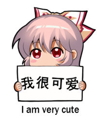 Rule 34 | 1girl, bilingual, blush stickers, bow, chibi, chinese commentary, chinese text, commentary request, fujiwara no mokou, hair between eyes, hair bow, holding, holding sign, jokanhiyou, looking at viewer, lowres, mixed-language text, pink hair, red eyes, sidelocks, sign, simple background, solo, touhou, translation request, white background, white bow