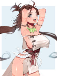 Rule 34 | 1girl, absurdres, armpits, arms behind head, arms up, bare shoulders, body markings, breasts, brown eyes, brown hair, dress, facial mark, fate/grand order, fate (series), forehead, forehead mark, highres, himiko (fate), himiko (first ascension) (fate), jewelry, large breasts, long hair, looking at viewer, magatama, magatama necklace, necklace, no bra, no panties, sash, side slit, sideboob, thighs, topknot, tsunami samemaru, twintails, white dress