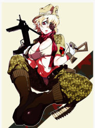 Rule 34 | 1girl, ammunition, ammunition belt, bad id, bad pixiv id, blonde hair, boots, breasts, bullet, cleavage, cosplay, eyepatch, gloves, hellsing, midriff, miwa hitomi, navel, open fly, open pants, panties, pants, pip bernadotte (cosplay), pip bernardotte, pip bernardotte (cosplay), seras victoria, solo, open belt, underwear, unzipped, vampire