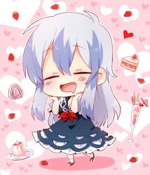 Rule 34 | 1girl, 6 (yuchae), :d, blue hair, blue skirt, blush, cake, chibi, drooling, closed eyes, female focus, food, full body, heart, heart background, imagining, kamishirasawa keine, long hair, mouth drool, multicolored hair, open mouth, parfait, pudding, sidelocks, silver hair, skirt, smile, solo, standing, touhou, two-tone hair
