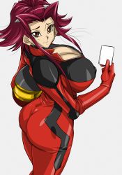 Rule 34 | 1girl, ass, biker clothes, bikesuit, blush, bodysuit, breasts, card game, cleavage, covered erect nipples, female focus, from above, hair intakes, helmet, highres, hinokawa jun, huge ass, huge breasts, izayoi aki, light smile, looking at viewer, nipples, red eyes, red hair, shiny clothes, short hair, smile, solo, unzipped, yu-gi-oh!, yu-gi-oh! 5d&#039;s