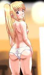 Rule 34 | 00s, 1girl, :3, ass, back, blonde hair, blush, breasts, from behind, fullmetal alchemist, looking back, nipples, panties, panties only, ponytail, solo, standing, temple (artist), thighs, topless, underwear, underwear only, white panties, winry rockbell