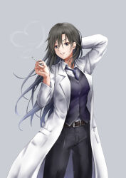 Rule 34 | 13enter, 1girl, arm behind head, belt, black hair, black pants, black vest, blue background, blue necktie, blue vest, cigarette, collared shirt, grey eyes, hair between eyes, heart, highres, hiratsuka shizuka, holding, holding cigarette, lab coat, long hair, long sleeves, looking at viewer, necktie, pants, parted bangs, shirt, simple background, smile, smoke heart, solo, standing, vest, white shirt, yahari ore no seishun lovecome wa machigatteiru.