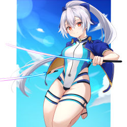 Rule 34 | 1girl, absurdres, asashin (asn), blue bow, blue jacket, blue one-piece swimsuit, blush, bow, breasts, competition swimsuit, dual wielding, energy sword, fate/grand order, fate (series), hair between eyes, hair bow, highleg, highleg swimsuit, highres, holding, jacket, large breasts, long hair, looking at viewer, one-piece swimsuit, ponytail, red eyes, short sleeves, silver hair, smile, swimsuit, sword, thighs, tomoe gozen (fate), tomoe gozen (swimsuit saber) (fate), tomoe gozen (swimsuit saber) (first ascension) (fate), two-tone swimsuit, weapon, white one-piece swimsuit