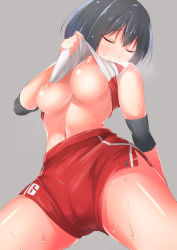 Rule 34 | 1girl, absurdres, amanai kanoka, black hair, bob cut, breasts, closed mouth, clothes lift, elbow pads, eyelashes, closed eyes, from below, grey background, haikyuu!!, heavy breathing, highres, jersey, large breasts, lifting own clothes, navel, nipples, no bra, puffy nipples, red shorts, shirt lift, short hair, short shorts, shorts, simple background, skin tight, solo, sportswear, sweat, to kifa, volleyball uniform