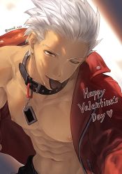 Rule 34 | 1boy, abs, archer (fate), bara, bare pectorals, brown eyes, candy, chocolate, chocolate heart, collar, dark-skinned male, dark skin, fate/grand order, fate/stay night, fate (series), food, food in mouth, happy valentine, heart, jacket, large pectorals, looking at viewer, male focus, mondi hl, muscular, muscular male, navel, nipples, official alternate costume, one eye closed, open clothes, open jacket, pectorals, red jacket, short hair, solo, twitter username, white hair
