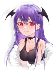 Rule 34 | 1girl, black choker, black tank top, breasts, choker, cleavage, collarbone, commentary, english commentary, hair behind ear, head wings, highres, indie virtual youtuber, medium breasts, mole, mole under mouth, mythia batford, newbie (newbie 132), off shoulder, portrait, purple hair, red eyes, smile, solo, tank top, virtual youtuber, white background, wings