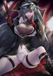 Rule 34 | 1girl, azhang, azur lane, blue eyes, boots, breasts, breasts apart, coat, cross-laced footwear, deutschland (azur lane), flag, germany, gloves, goggles, grey hair, gun, hat, lace-up boots, long hair, photoshop (medium), see-through, sitting, smile, solo, spread legs, thigh strap, weapon
