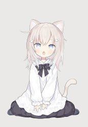 Rule 34 | 1girl, animal ears, black bow, black footwear, black skirt, blue eyes, bow, capriccio, cat ears, cat girl, cat tail, chestnut mouth, collared shirt, commentary request, frilled shirt collar, frills, full body, grey background, hair between eyes, hair ornament, hairclip, light brown hair, long sleeves, original, parted lips, puffy long sleeves, puffy sleeves, shirt, shoes, simple background, sitting, skirt, sleeves past wrists, solo, tail, wariza, white shirt