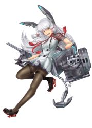 Rule 34 | &gt;:d, 10s, 1girl, :d, absurdres, aiming, aiming at viewer, anchor, aqua hair, black pantyhose, blunt bangs, brown eyes, clenched hand, full body, gloves, headgear, highres, kantai collection, leg up, loafers, long hair, looking at viewer, machinery, multicolored clothes, multicolored gloves, murakumo (kancolle), murakumo kai ni (kancolle), necktie, open mouth, pantyhose, shao (newton), shoes, sidelocks, simple background, smile, solo, thighband pantyhose, v-shaped eyebrows, white background